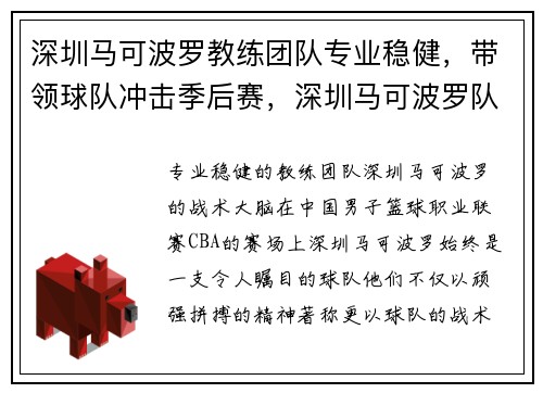 深圳马可波罗教练团队专业稳健，带领球队冲击季后赛，深圳马可波罗队员名单