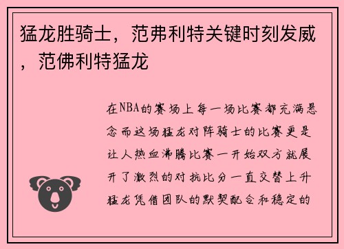 猛龙胜骑士，范弗利特关键时刻发威，范佛利特猛龙